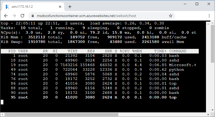 Linux top command running in an SSH session