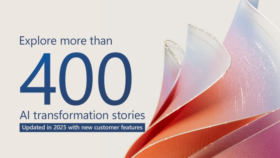 An image stating: Explore more than 300 customer stories, with artistic waves on the right side.